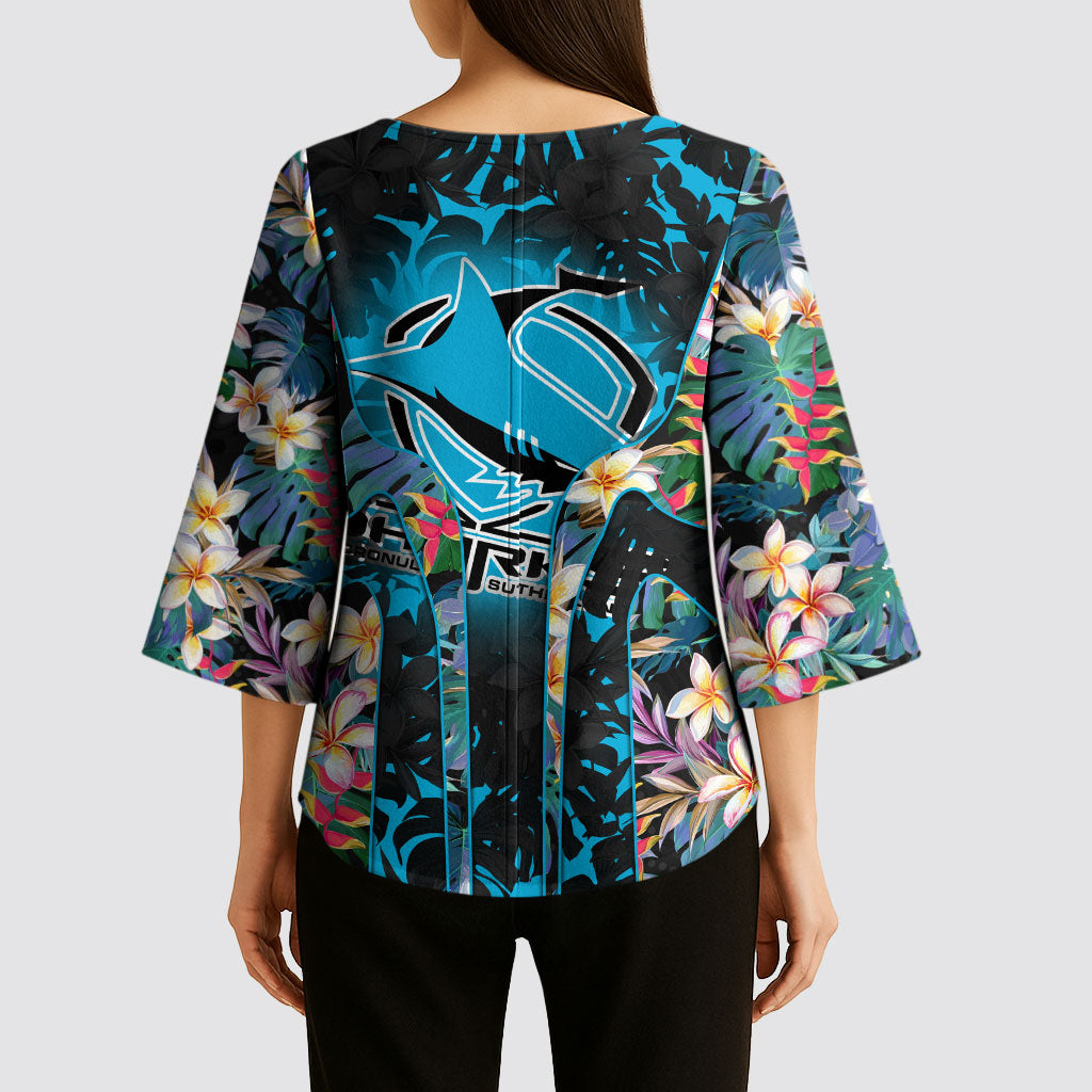 Cronulla-Sutherland Sharks Kimono Sleeve Blouse Tropical Island Floral Pattern With Black And Blue Accents