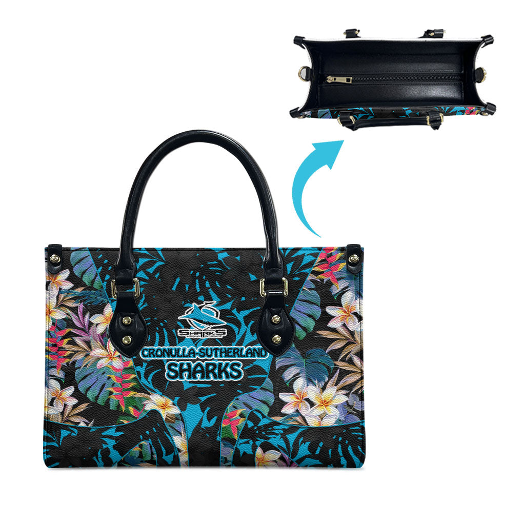Cronulla-Sutherland Sharks Leather Bag Tropical Island Floral Pattern With Black And Blue Accents