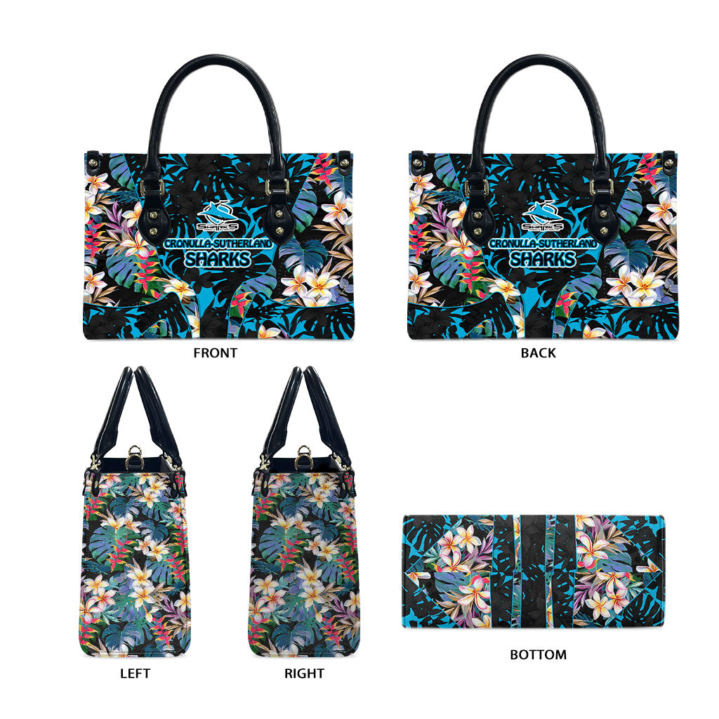 Cronulla-Sutherland Sharks Leather Bag Tropical Island Floral Pattern With Black And Blue Accents