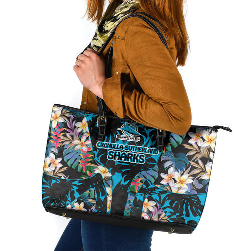 Cronulla-Sutherland Sharks Leather Tote Bag Tropical Island Floral Pattern With Black And Blue Accents