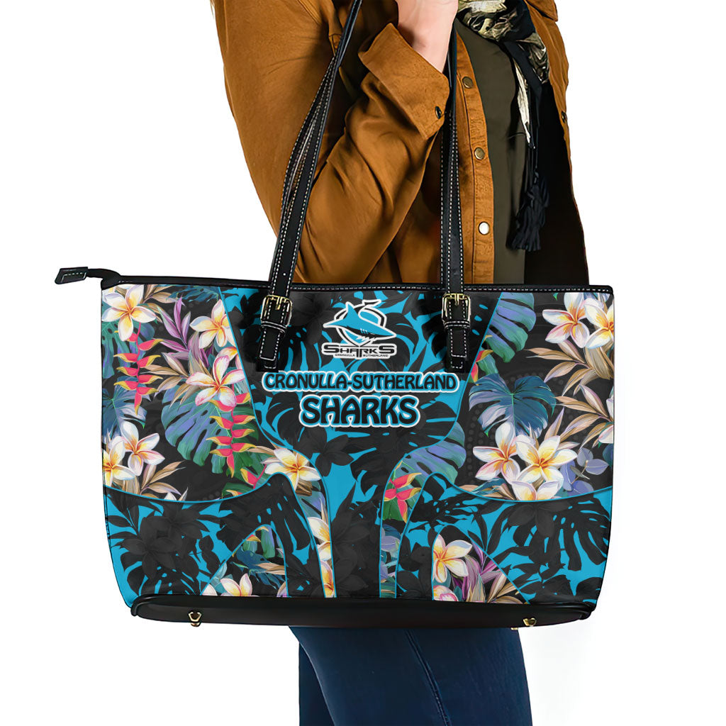 Cronulla-Sutherland Sharks Leather Tote Bag Tropical Island Floral Pattern With Black And Blue Accents