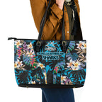Cronulla-Sutherland Sharks Leather Tote Bag Tropical Island Floral Pattern With Black And Blue Accents