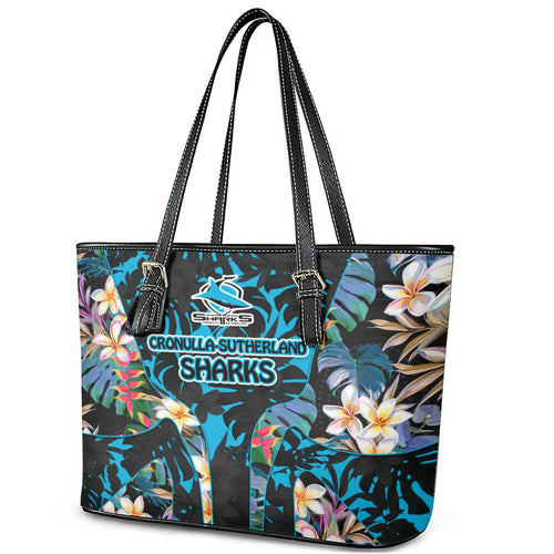 Cronulla-Sutherland Sharks Leather Tote Bag Tropical Island Floral Pattern With Black And Blue Accents