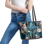 Cronulla-Sutherland Sharks Leather Tote Bag Tropical Island Floral Pattern With Black And Blue Accents