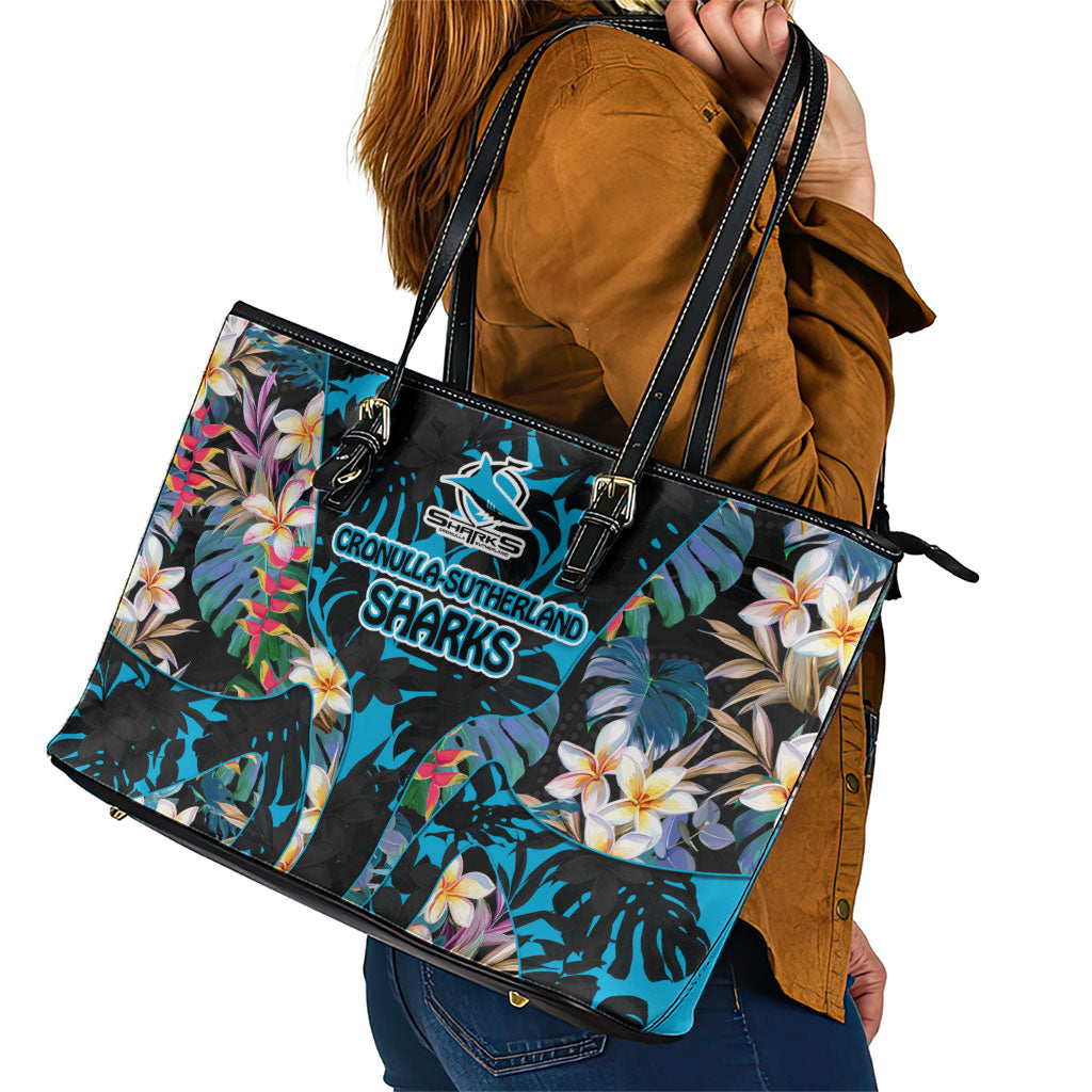 Cronulla-Sutherland Sharks Leather Tote Bag Tropical Island Floral Pattern With Black And Blue Accents