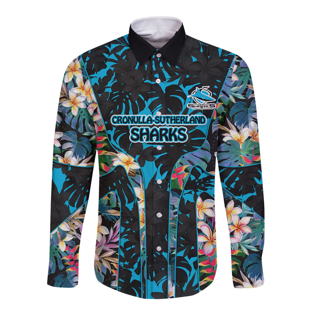 Cronulla-Sutherland Sharks Long Sleeve Button Shirt Tropical Island Floral Pattern With Black And Blue Accents
