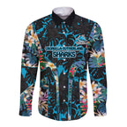 Cronulla-Sutherland Sharks Long Sleeve Button Shirt Tropical Island Floral Pattern With Black And Blue Accents