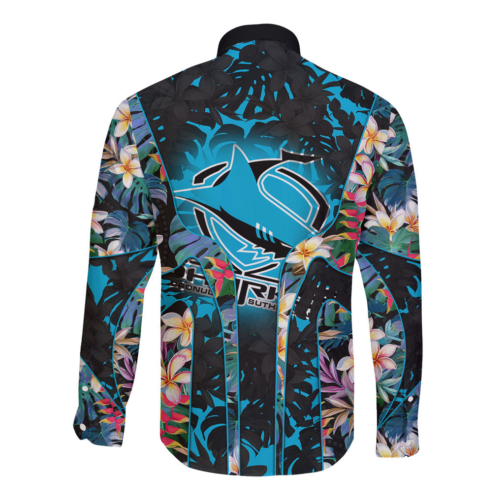 Cronulla-Sutherland Sharks Long Sleeve Button Shirt Tropical Island Floral Pattern With Black And Blue Accents