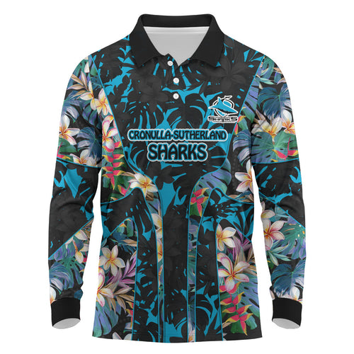 Cronulla-Sutherland Sharks Long Sleeve Polo Shirt Tropical Island Floral Pattern With Black And Blue Accents