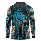 Cronulla-Sutherland Sharks Long Sleeve Polo Shirt Tropical Island Floral Pattern With Black And Blue Accents