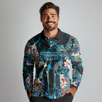 Cronulla-Sutherland Sharks Long Sleeve Polo Shirt Tropical Island Floral Pattern With Black And Blue Accents