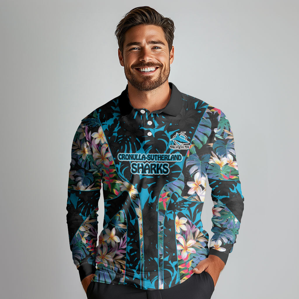 Cronulla-Sutherland Sharks Long Sleeve Polo Shirt Tropical Island Floral Pattern With Black And Blue Accents