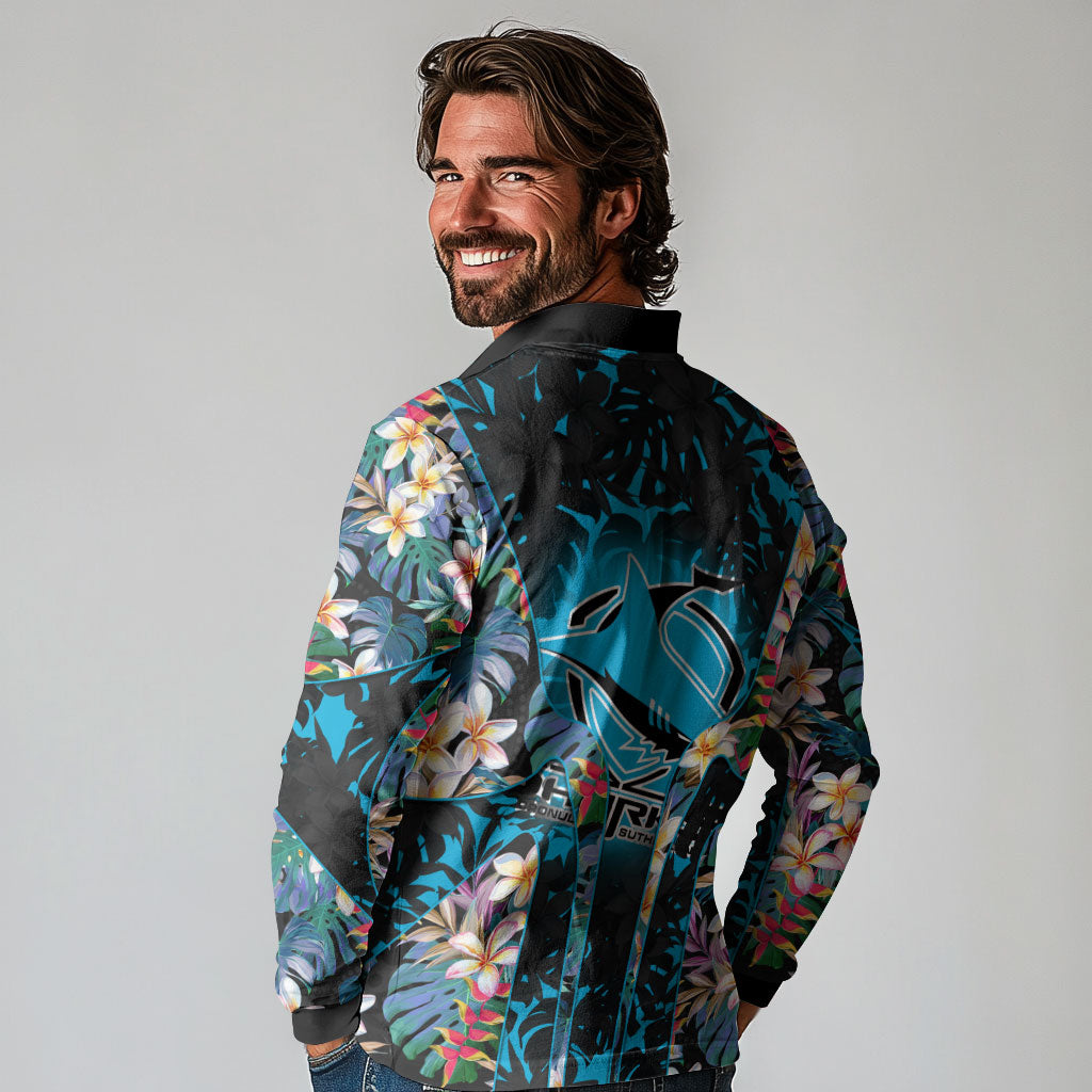 Cronulla-Sutherland Sharks Long Sleeve Polo Shirt Tropical Island Floral Pattern With Black And Blue Accents