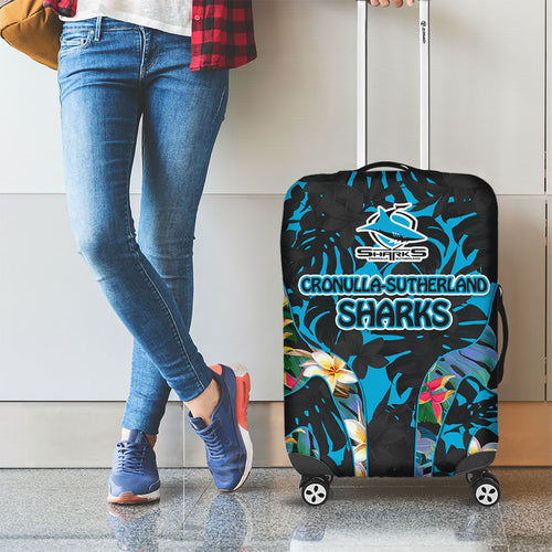 Cronulla-Sutherland Sharks Luggage Cover Tropical Island Floral Pattern With Black And Blue Accents