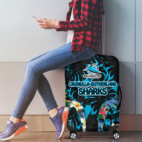 Cronulla-Sutherland Sharks Luggage Cover Tropical Island Floral Pattern With Black And Blue Accents