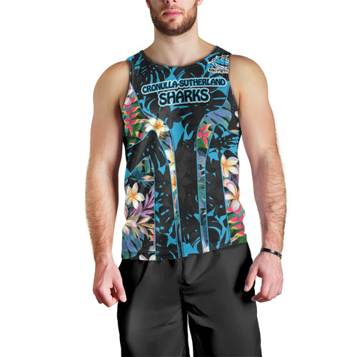 Cronulla-Sutherland Sharks Men Tank Top Tropical Island Floral Pattern With Black And Blue Accents