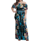Cronulla-Sutherland Sharks Off Shoulder Maxi Dress Tropical Island Floral Pattern With Black And Blue Accents