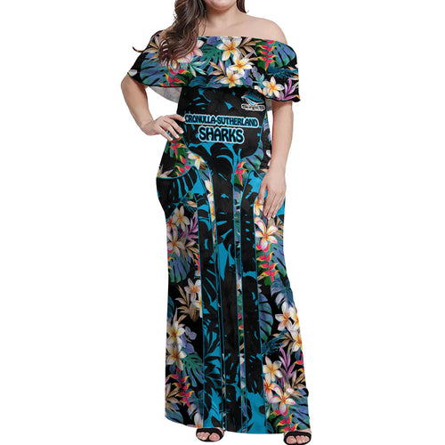 Cronulla-Sutherland Sharks Off Shoulder Maxi Dress Tropical Island Floral Pattern With Black And Blue Accents