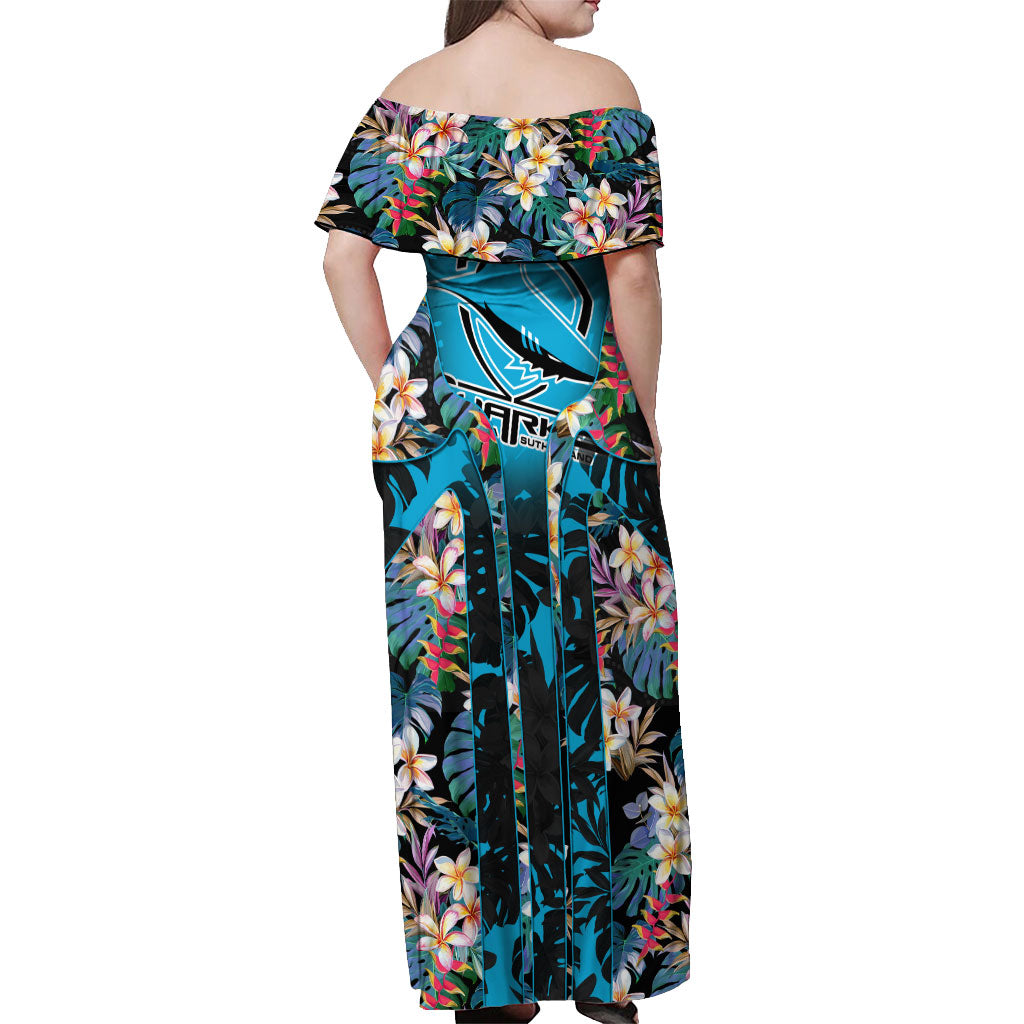 Cronulla-Sutherland Sharks Off Shoulder Maxi Dress Tropical Island Floral Pattern With Black And Blue Accents