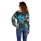 Cronulla-Sutherland Sharks Off Shoulder Sweater Tropical Island Floral Pattern With Black And Blue Accents