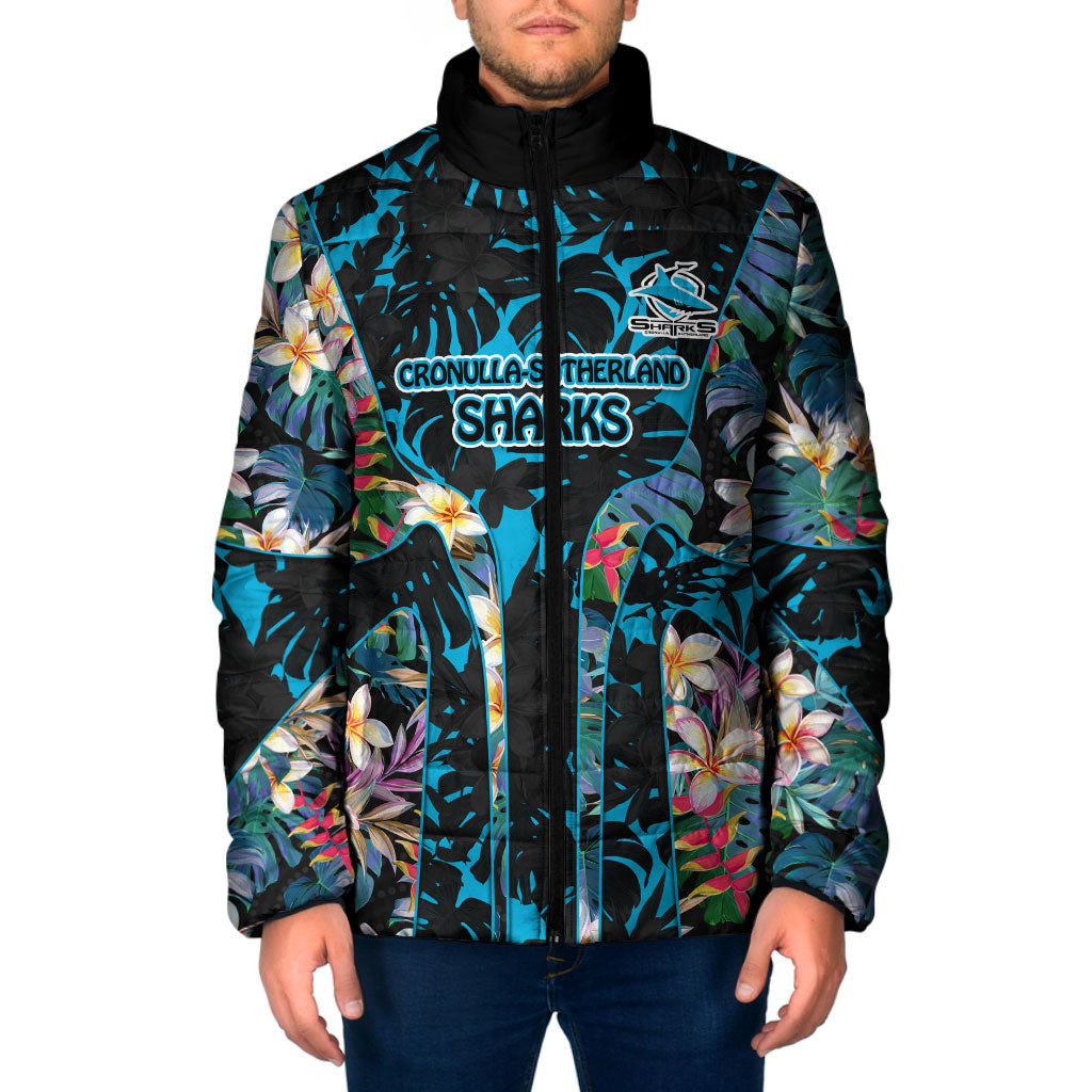 Cronulla-Sutherland Sharks Padded Jacket Tropical Island Floral Pattern With Black And Blue Accents