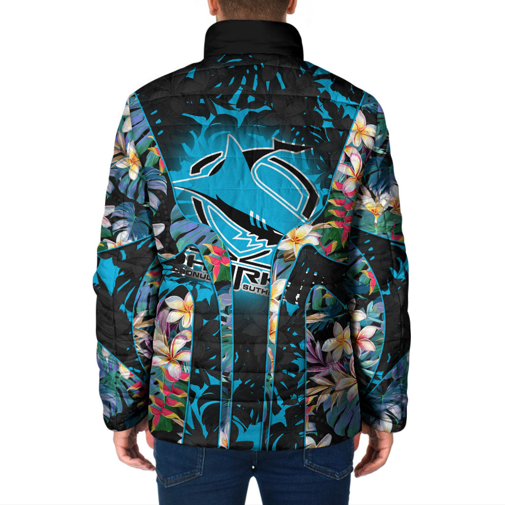 Cronulla-Sutherland Sharks Padded Jacket Tropical Island Floral Pattern With Black And Blue Accents