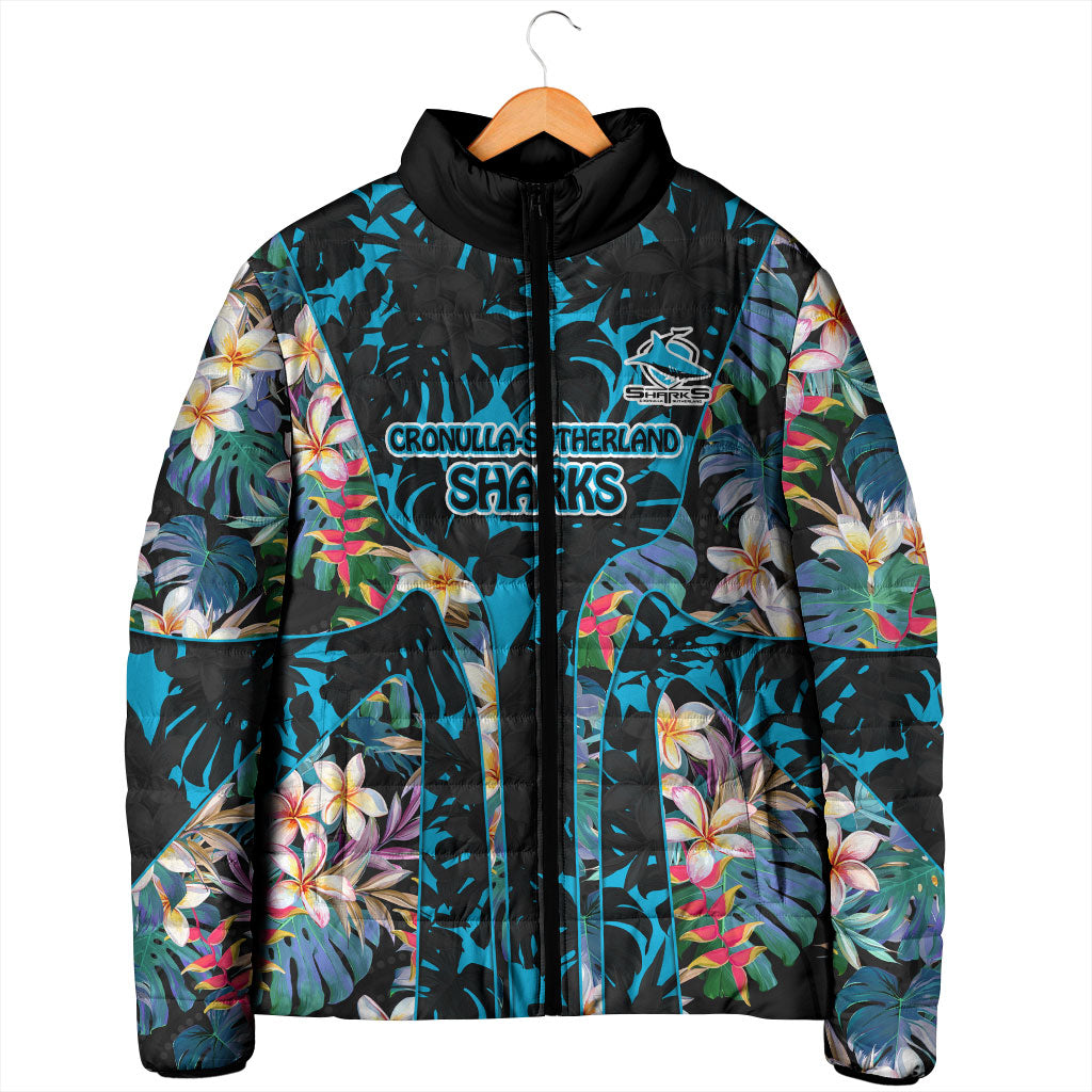 Cronulla-Sutherland Sharks Padded Jacket Tropical Island Floral Pattern With Black And Blue Accents
