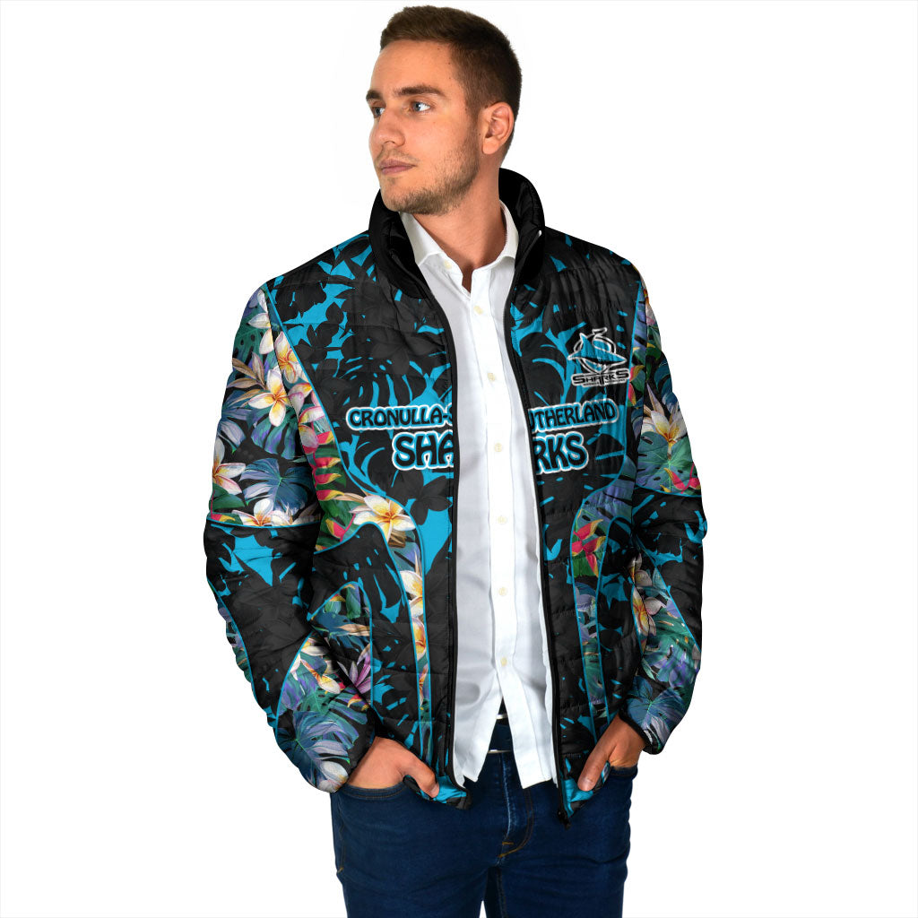 Cronulla-Sutherland Sharks Padded Jacket Tropical Island Floral Pattern With Black And Blue Accents