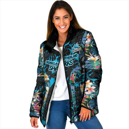 Cronulla-Sutherland Sharks Padded Jacket Tropical Island Floral Pattern With Black And Blue Accents
