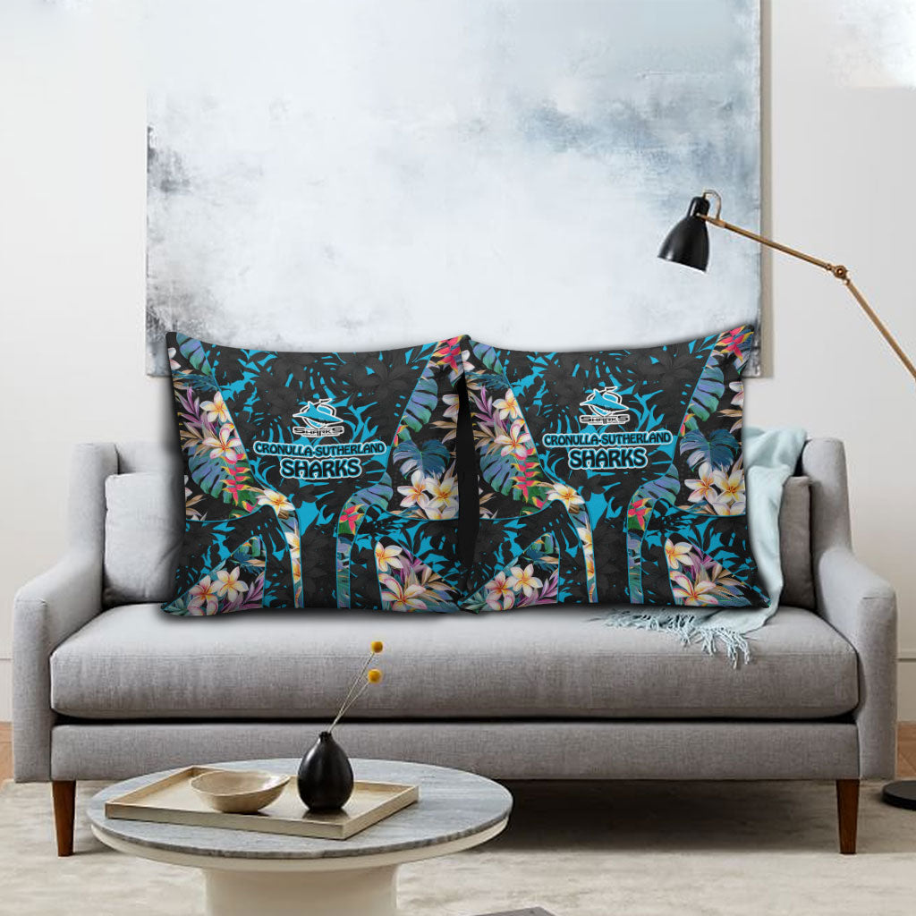 Cronulla-Sutherland Sharks Pillow Cover Tropical Island Floral Pattern With Black And Blue Accents