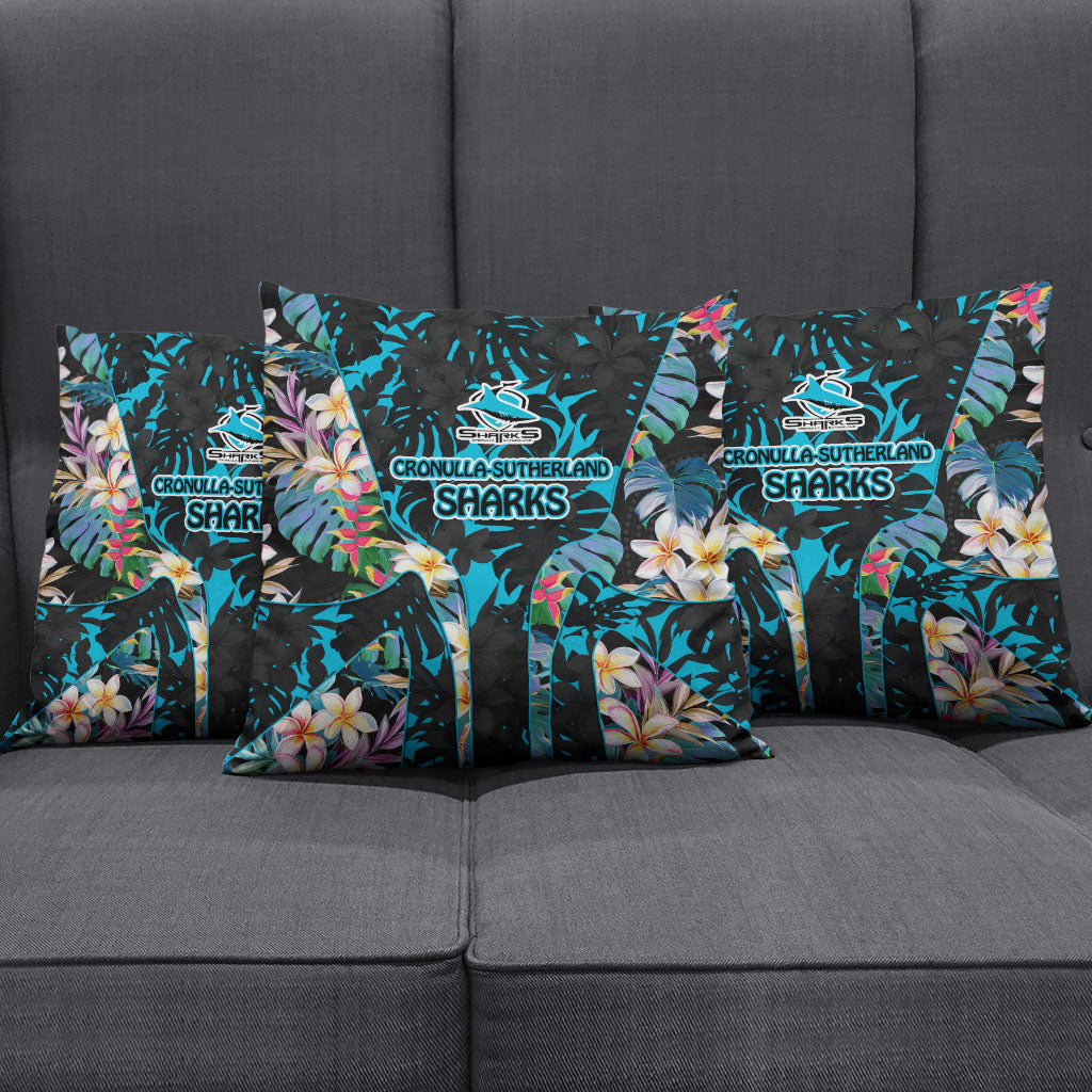 Cronulla-Sutherland Sharks Pillow Cover Tropical Island Floral Pattern With Black And Blue Accents