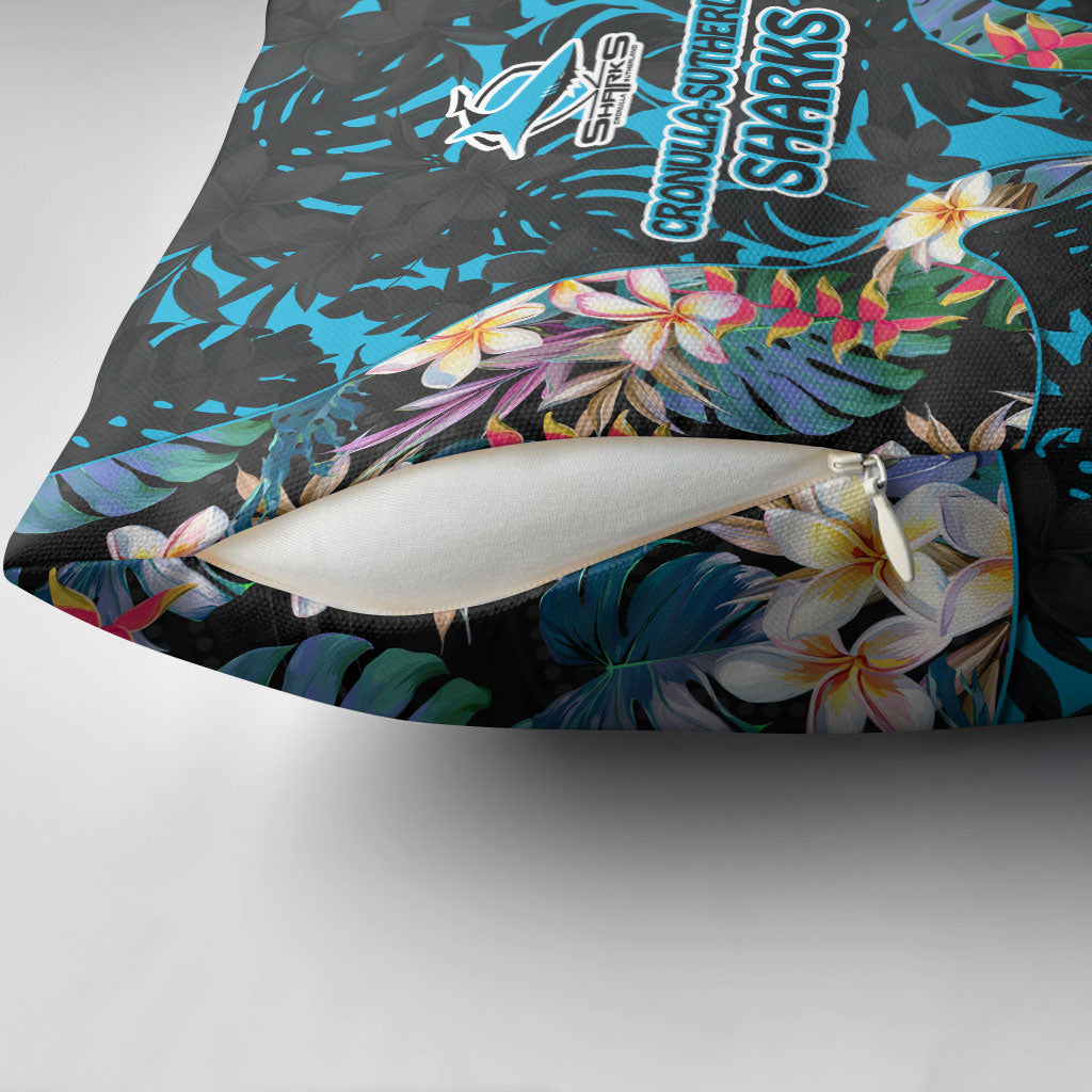 Cronulla-Sutherland Sharks Pillow Cover Tropical Island Floral Pattern With Black And Blue Accents