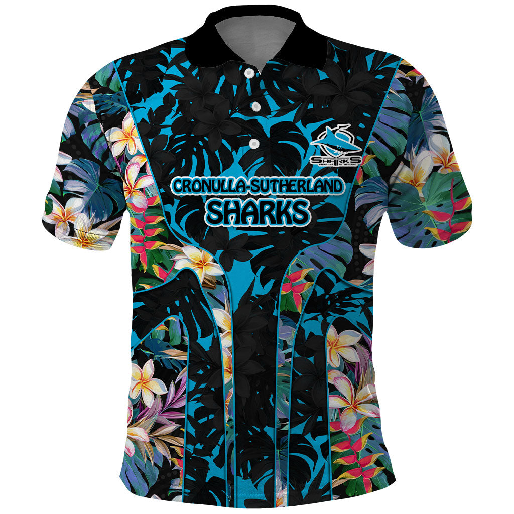 Cronulla-Sutherland Sharks Polo Shirt Tropical Island Floral Pattern With Black And Blue Accents