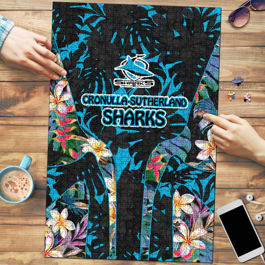 Cronulla-Sutherland Sharks Puzzle Tropical Island Floral Pattern With Black And Blue Accents