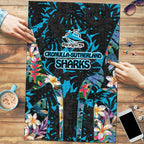 Cronulla-Sutherland Sharks Puzzle Tropical Island Floral Pattern With Black And Blue Accents