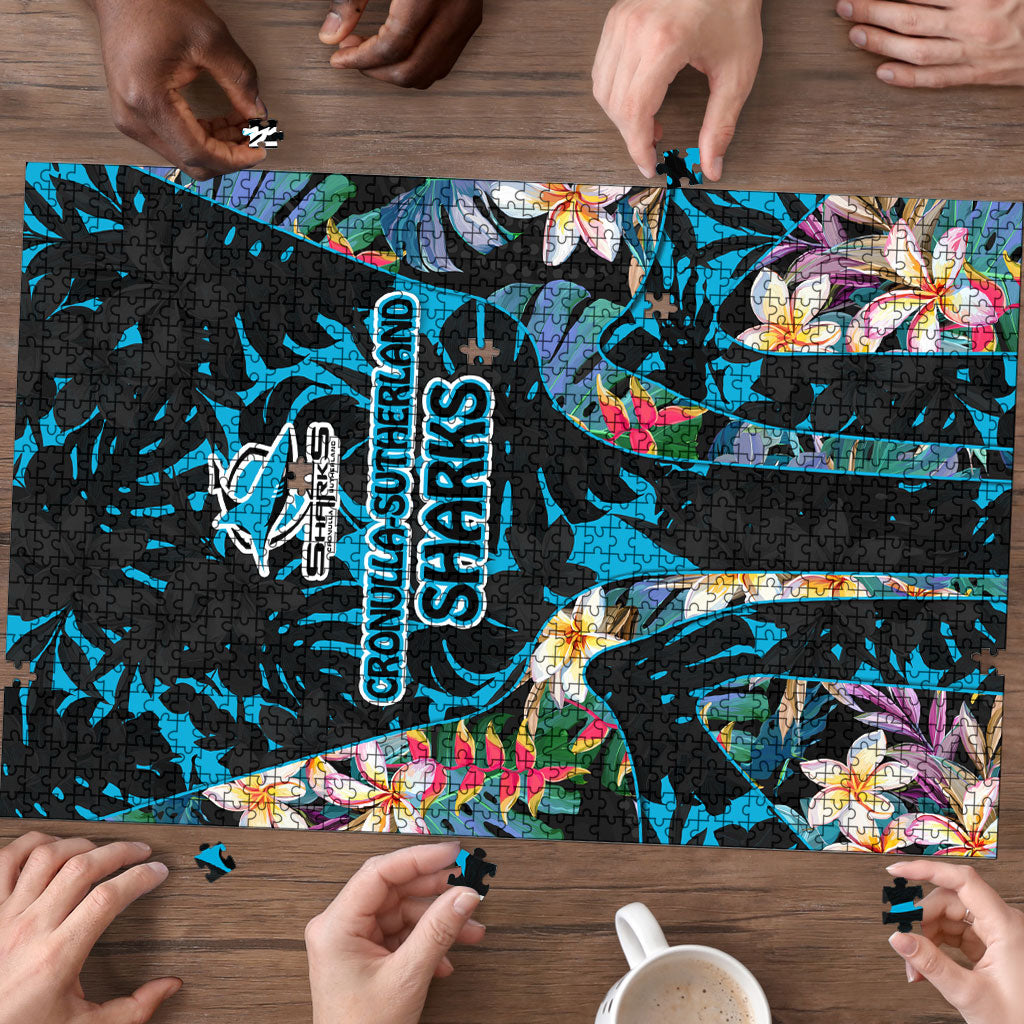 Cronulla-Sutherland Sharks Puzzle Tropical Island Floral Pattern With Black And Blue Accents
