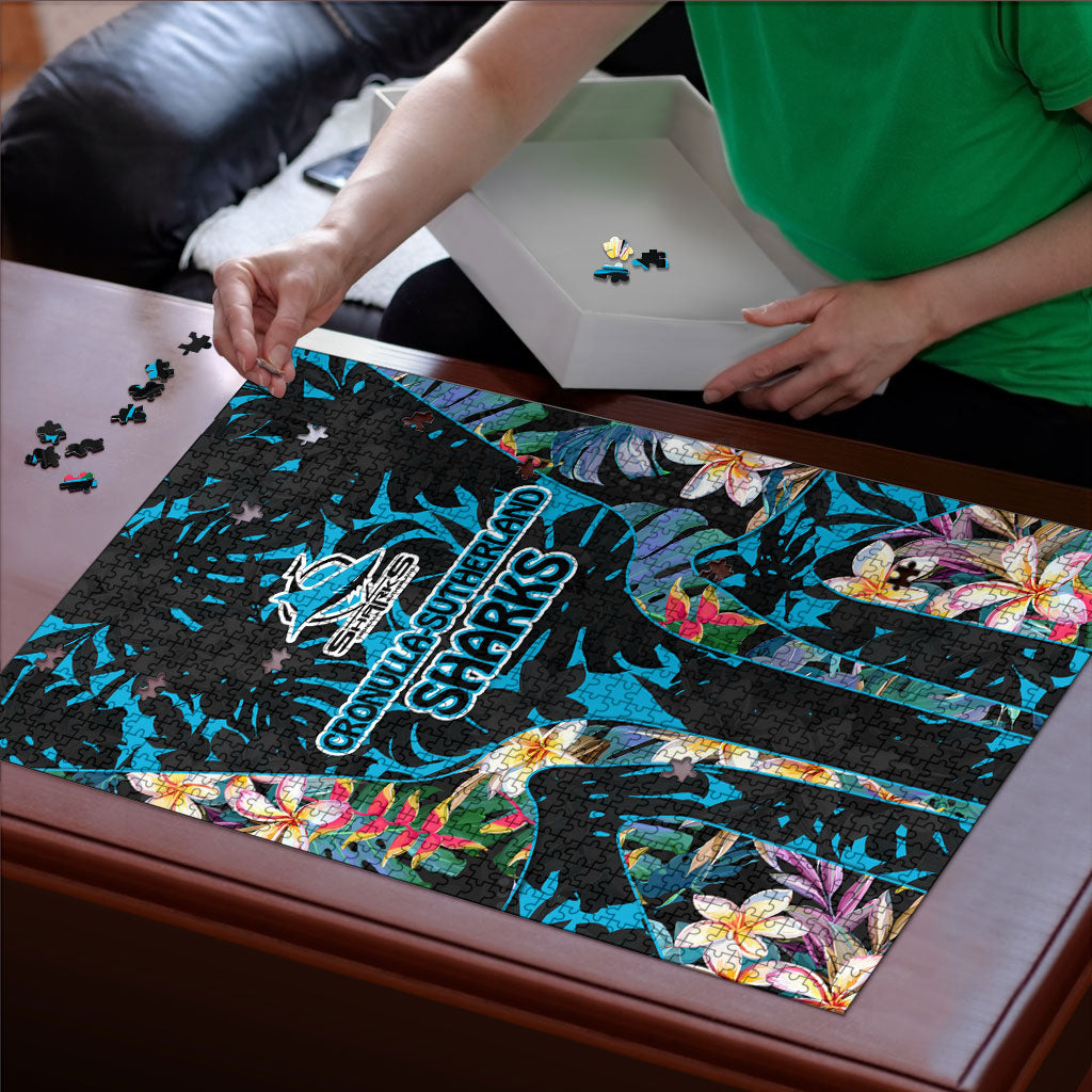 Cronulla-Sutherland Sharks Puzzle Tropical Island Floral Pattern With Black And Blue Accents