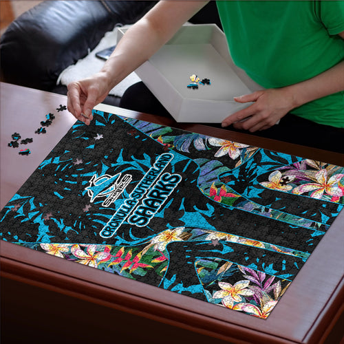 Cronulla-Sutherland Sharks Puzzle Tropical Island Floral Pattern With Black And Blue Accents