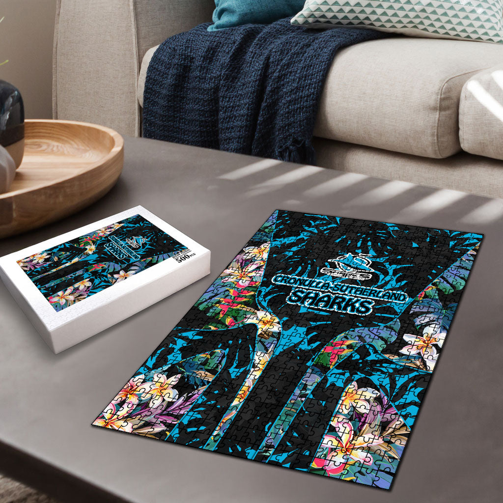 Cronulla-Sutherland Sharks Puzzle Tropical Island Floral Pattern With Black And Blue Accents