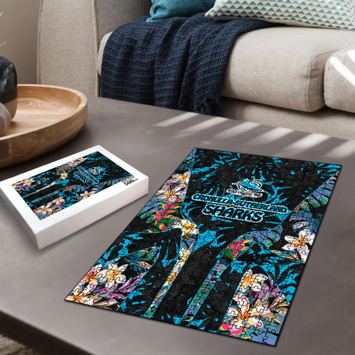 Cronulla-Sutherland Sharks Puzzle Tropical Island Floral Pattern With Black And Blue Accents