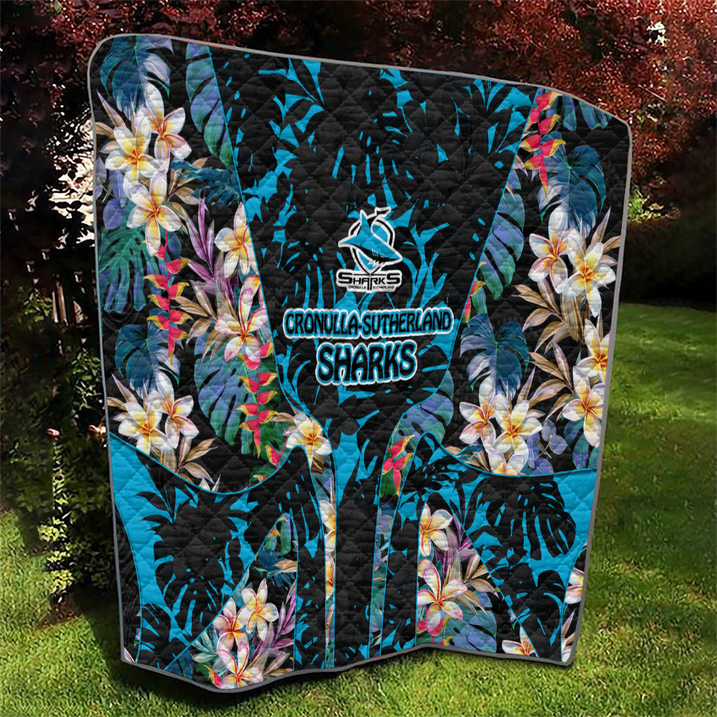 Cronulla-Sutherland Sharks Quilt Tropical Island Floral Pattern With Black And Blue Accents