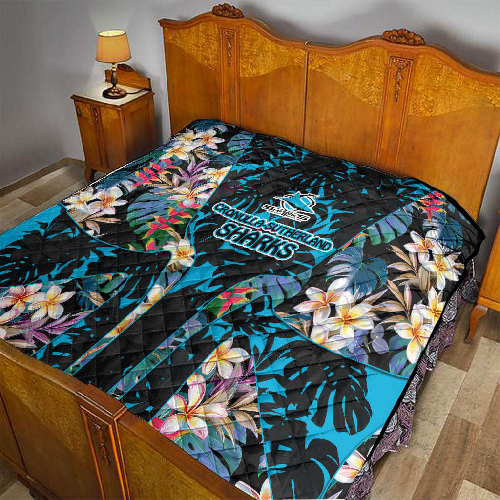 Cronulla-Sutherland Sharks Quilt Tropical Island Floral Pattern With Black And Blue Accents