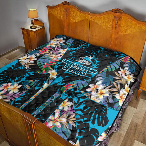 Cronulla-Sutherland Sharks Quilt Tropical Island Floral Pattern With Black And Blue Accents