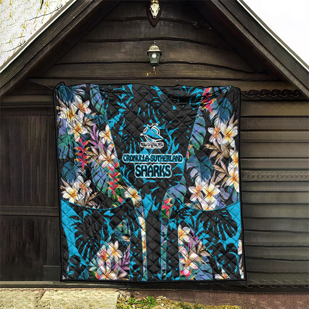 Cronulla-Sutherland Sharks Quilt Tropical Island Floral Pattern With Black And Blue Accents