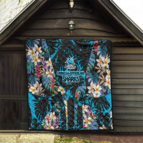 Cronulla-Sutherland Sharks Quilt Tropical Island Floral Pattern With Black And Blue Accents