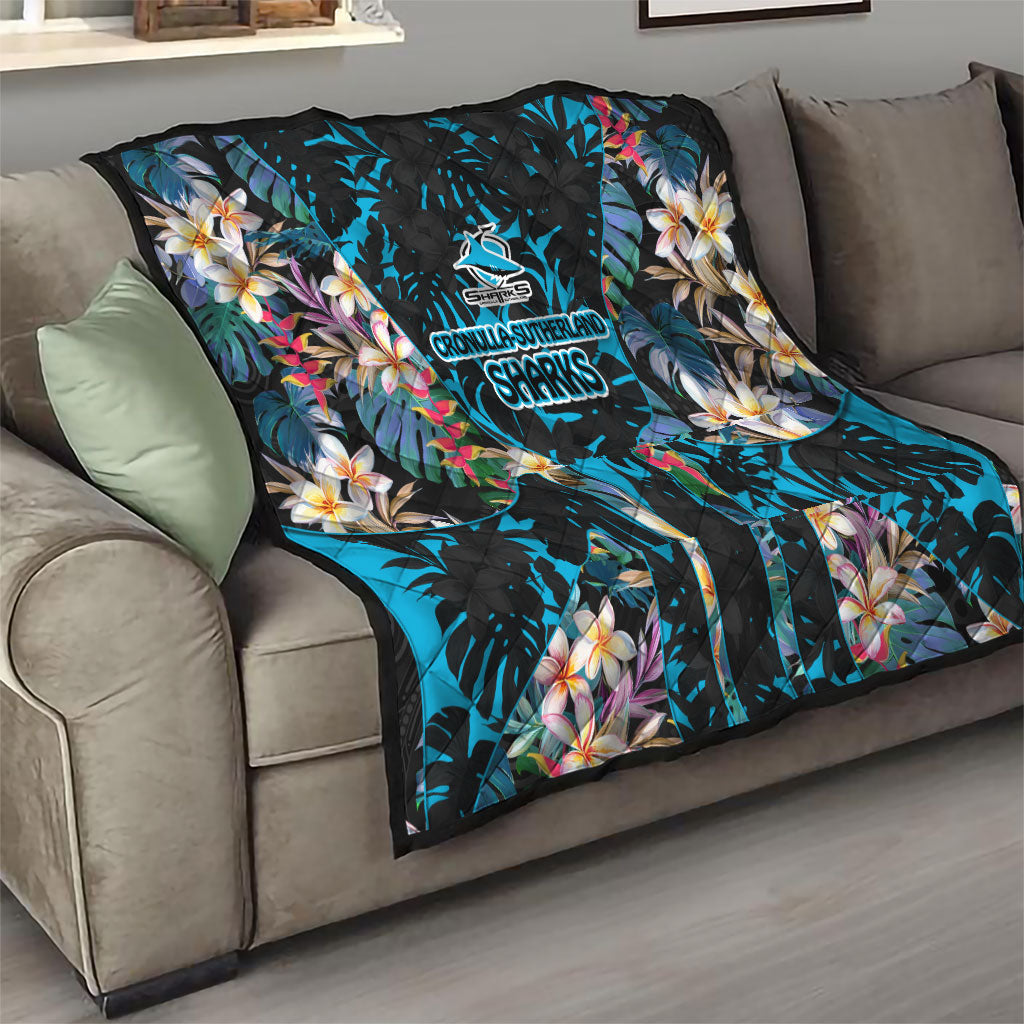 Cronulla-Sutherland Sharks Quilt Tropical Island Floral Pattern With Black And Blue Accents