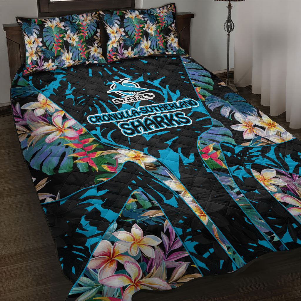 Cronulla-Sutherland Sharks Quilt Bed Set Tropical Island Floral Pattern With Black And Blue Accents