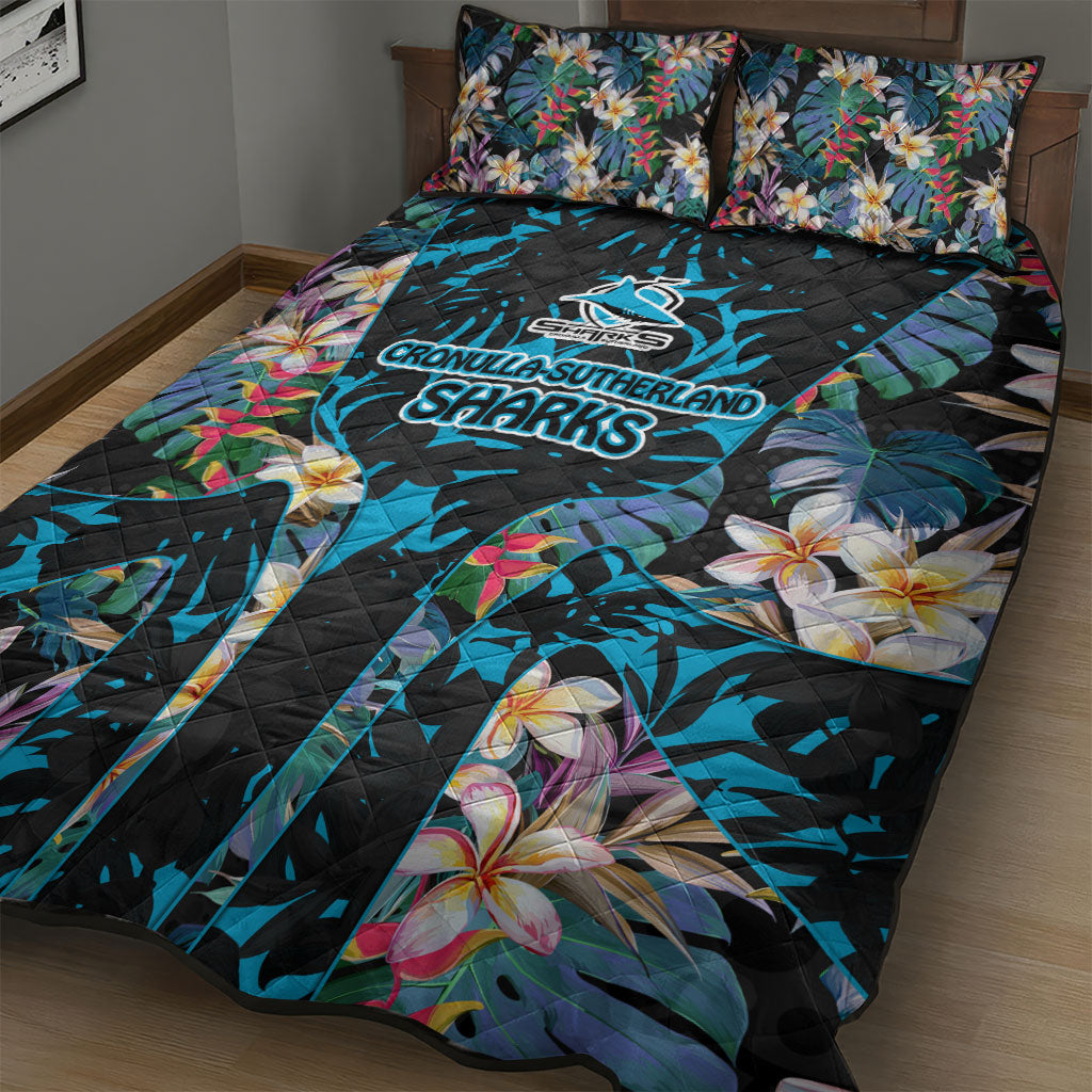 Cronulla-Sutherland Sharks Quilt Bed Set Tropical Island Floral Pattern With Black And Blue Accents
