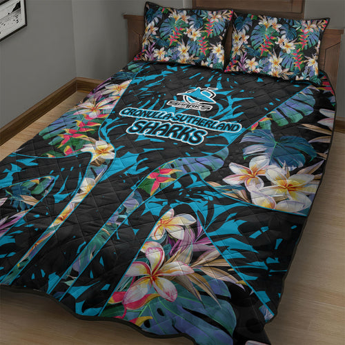 Cronulla-Sutherland Sharks Quilt Bed Set Tropical Island Floral Pattern With Black And Blue Accents