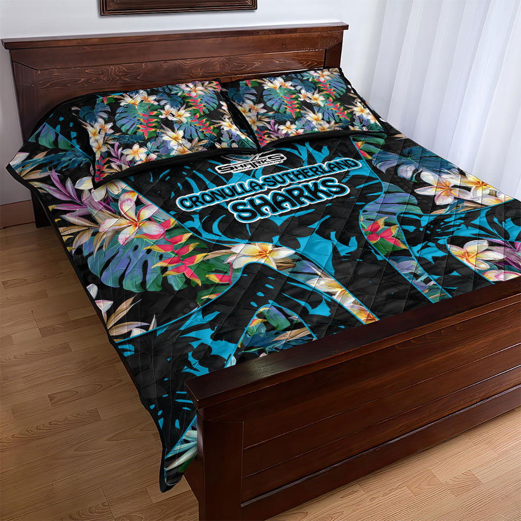 Cronulla-Sutherland Sharks Quilt Bed Set Tropical Island Floral Pattern With Black And Blue Accents